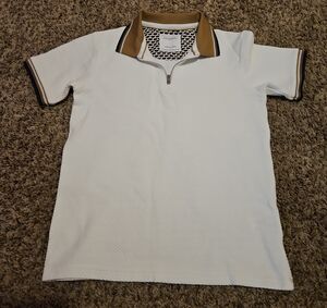 White Polo with Tan Contrast Zip Collar by Unknown Brand